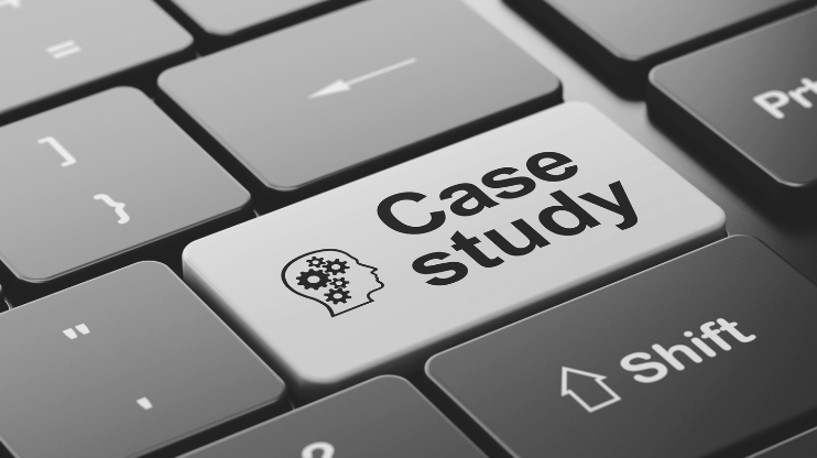 Image of a keyboard with the words case study on a key